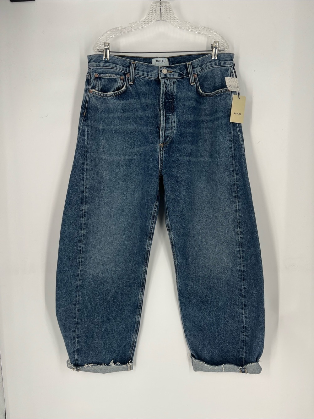 Agolde Luna Pieced Dark Wash Horseshoe Barrel Denim Jeans in Control 33 NWT